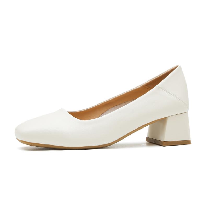 Women's Genuine Leather French-style Flats, Low-cut, Square-toe, Chunky Heel, Black, Versatile Work Shoes/commuter Shoes