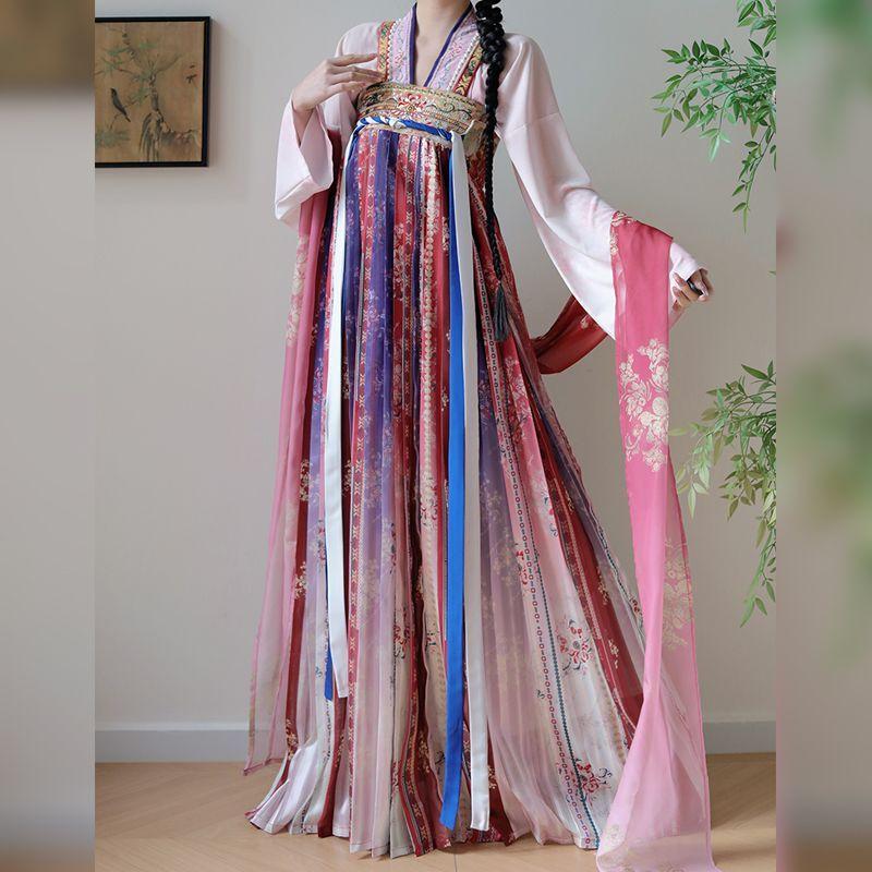 Chinesischer Tang-Dynastie-Stil Hanfu Blau Jungfräulich Serie Bestickt Brustlang Sommer Alltagsanzug