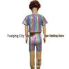 Unisex Shiny Sequin Plaid Off-Shoulder Crop Top (Short Sleeve) for Performances