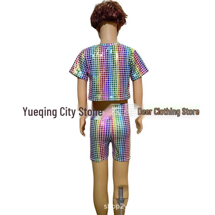 Unisex Shiny Sequin Plaid Off-Shoulder Crop Top (Short Sleeve) for Performances