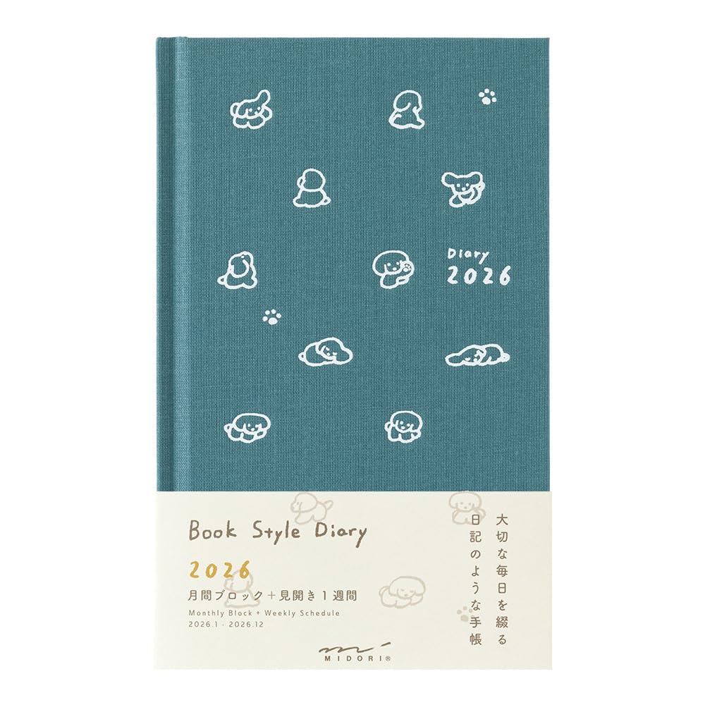 Midori Book-Style Diary, 2026, B6 Weekly, Dog Print, Blue-Green, 22380006 (Starts January 2026)