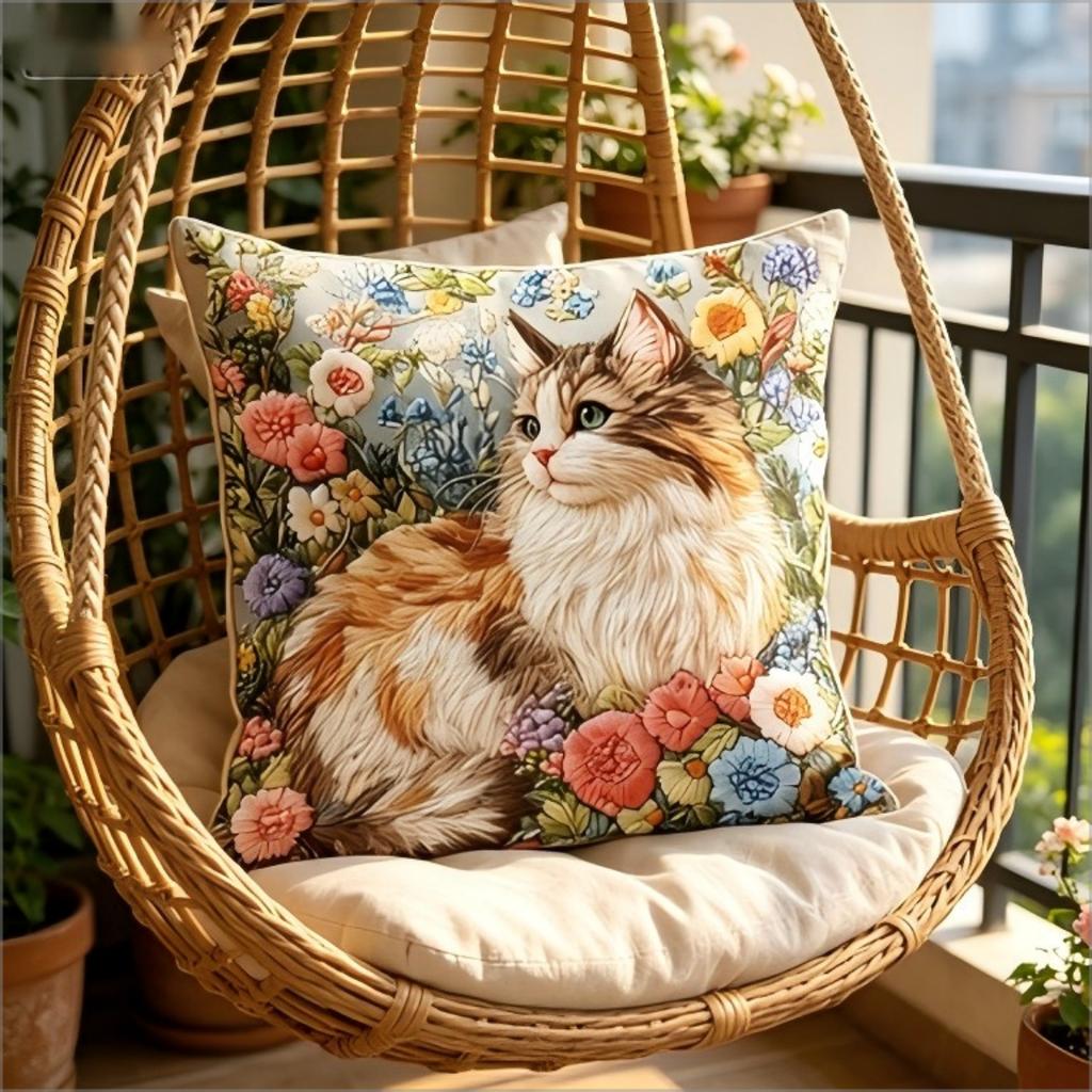 Floral Cat Print Throw Pillow Cover, Whimsical Garden Kitten With Colorful Flowers, Decorative Cushion For Living Room Couch