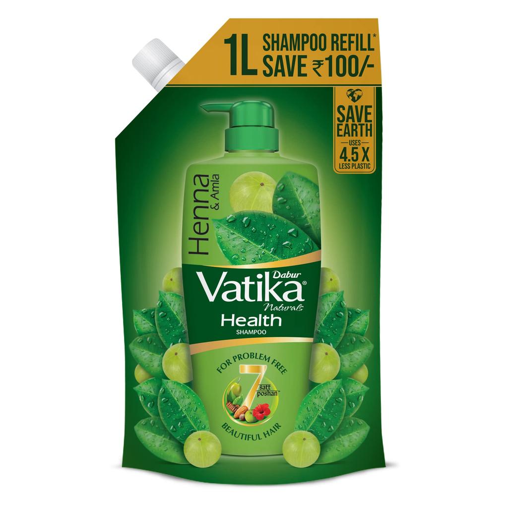 Dabur Vatika Health Shampoo - 1 L (Refill Pouch) | With 7 Natural Ingredients | For Smooth, Shiny & Nourished Hair | Repairs Hair Damage, Controls