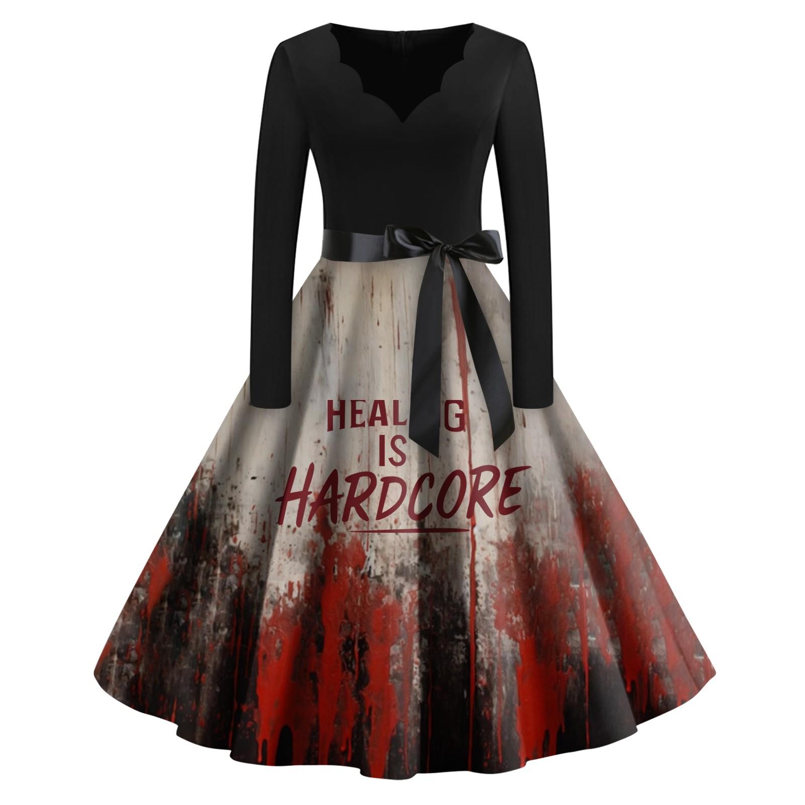 

Женское винтажное классическое платье с вырезом на талии и галстуком-бабочкой с длинными рукавами на Хэллоуин с принтом и V-образным вырезом, свободное платье L винный