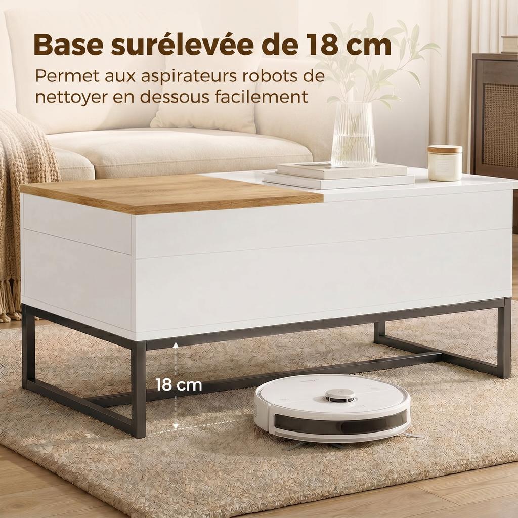 Extendable Coffee Table with Sliding Top, Hidden Storage, Steel Legs, White