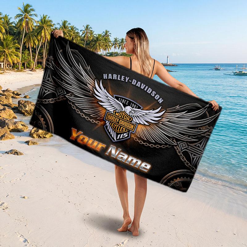 Asciugamano da Spiaggia Harley-Davidson con Testo Nome Personalizzato, Asciugamano Morbido Assorbente per Spiaggia Piscina Viaggio Regalo Personale