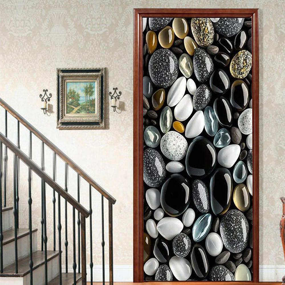 1 Stück Kieselsteinlandschaft Veranda Vinyl Türsticker für Schlafzimmer Heimdeko Selbstklebend Abnehmbares Wandtattoo Türrenovierung Wasserdichtes Poster