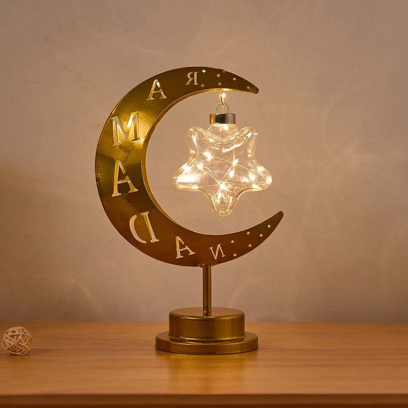 Middle Eastern Festival Moon and Star LED Decorative Rattan Ornament Lamp for Bedroom