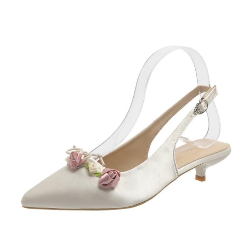 Fashion Satin Pointed Toe Flower Design Flat Sandals Women Summer Back Strap Buckle Square Low Heel Mules Shoe Elegant Women's Flat Shoe
