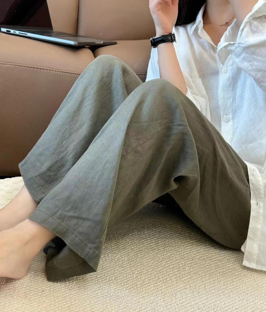 Women's Summer Japanese Style Cotton Linen Wide Leg Elastic Waist Pants