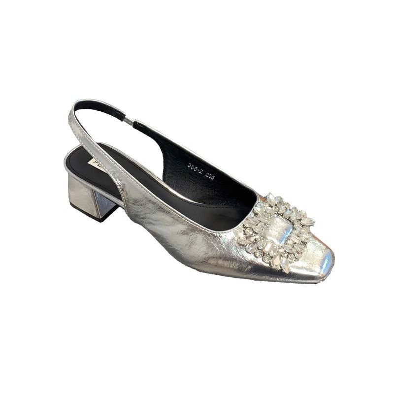 Women's Baotou Sandals Women's Summer 2025 New French Temperament Evening Fairy Rhinestone Thick Heel Silver Single Shoes Women