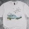 Mountain Landscape Shirt Scenic Artwork Illustration Graphic Tshirt Cotton Crewneck Tee Gray