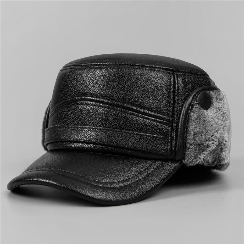 Middle-aged Old Man Hat Men's Winter Warm Leather Hat Fleece Cold-proof Old Man Ear Protector Flat Top Cap