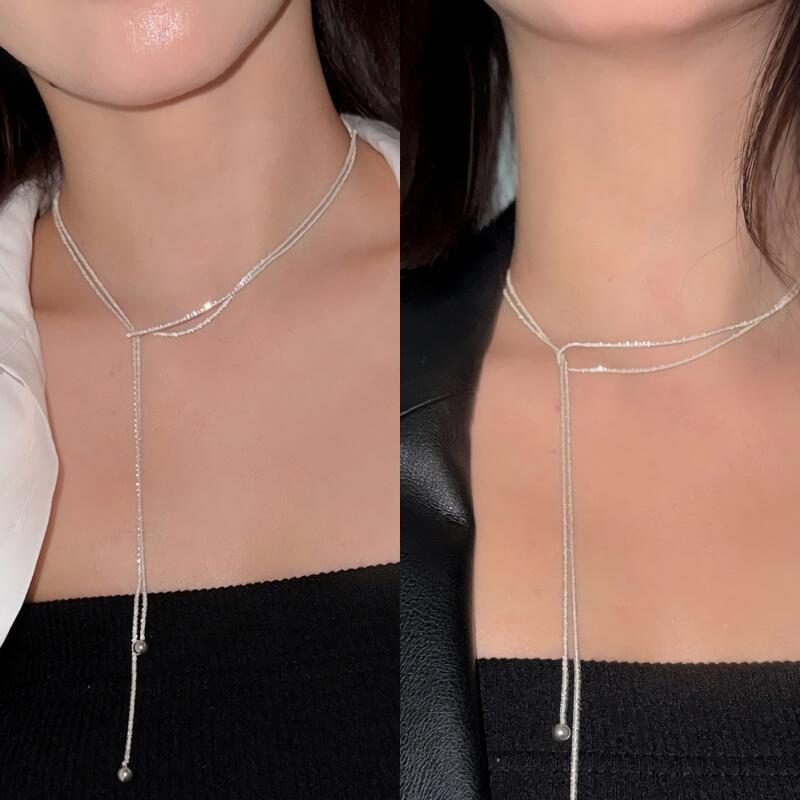 

Women s S925 Silver Sparkling Ball Long Knit Necklace Sparkling