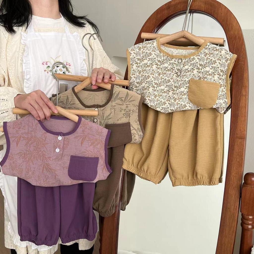 Letni komplet bez rękawów z jedwabiu lodowego w stylu retro w stylu chińskim dla dzieci – modna kamizelka dla chłopców i dziewcząt