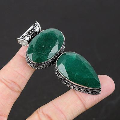 Emerald Gemstone Handmade 925 Sterling Silver Jewelry Pendant Double Emerald Gemstone Pendant Necklace Gifts For Women