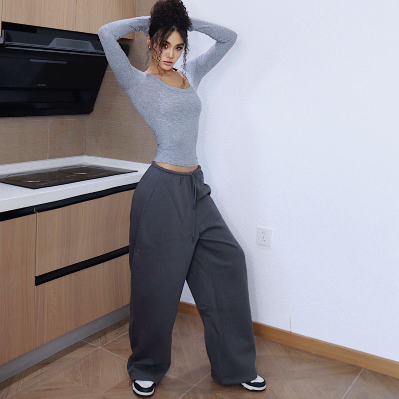 

[Elastic Banana Pants] Narrow Waist Elastic Lace-up Banana Pants Casual Fashion Sweatpants Trousers 2025 Autumn New Grey regular XS