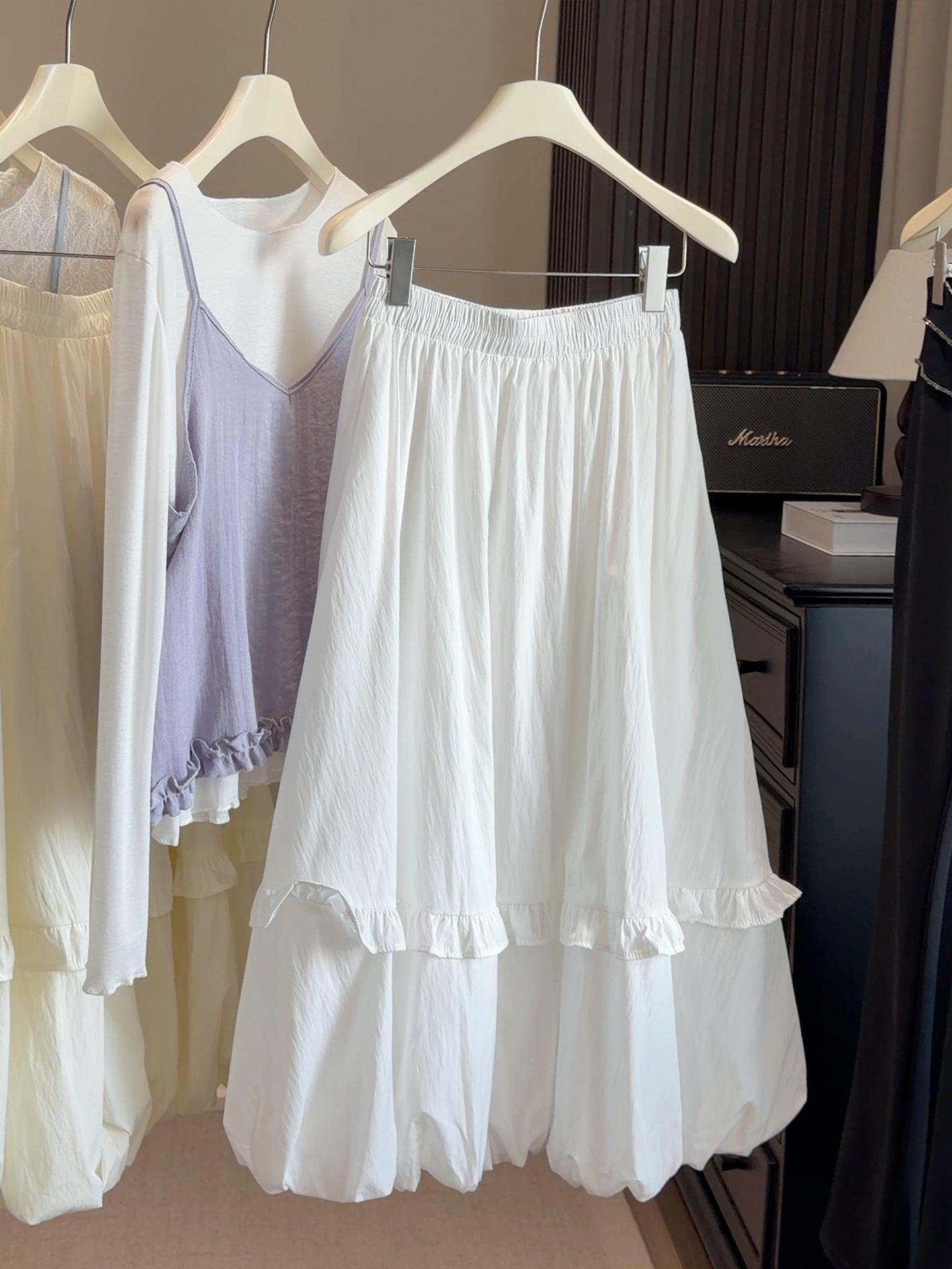 2026 Spring Women s Korean-Style White Ruffle A-Line Mid-Length Skirt One Size белый