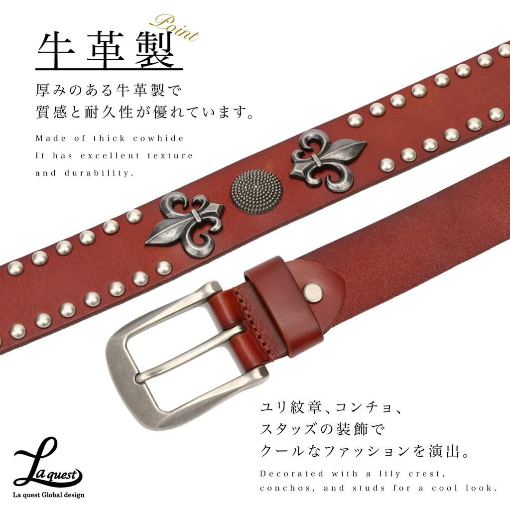 [Laquest] Laquest Men's Leather Studded Belt, Antique Concho, Fleur-de-lis Emblem Relief Leather Belt (Dark Red)
