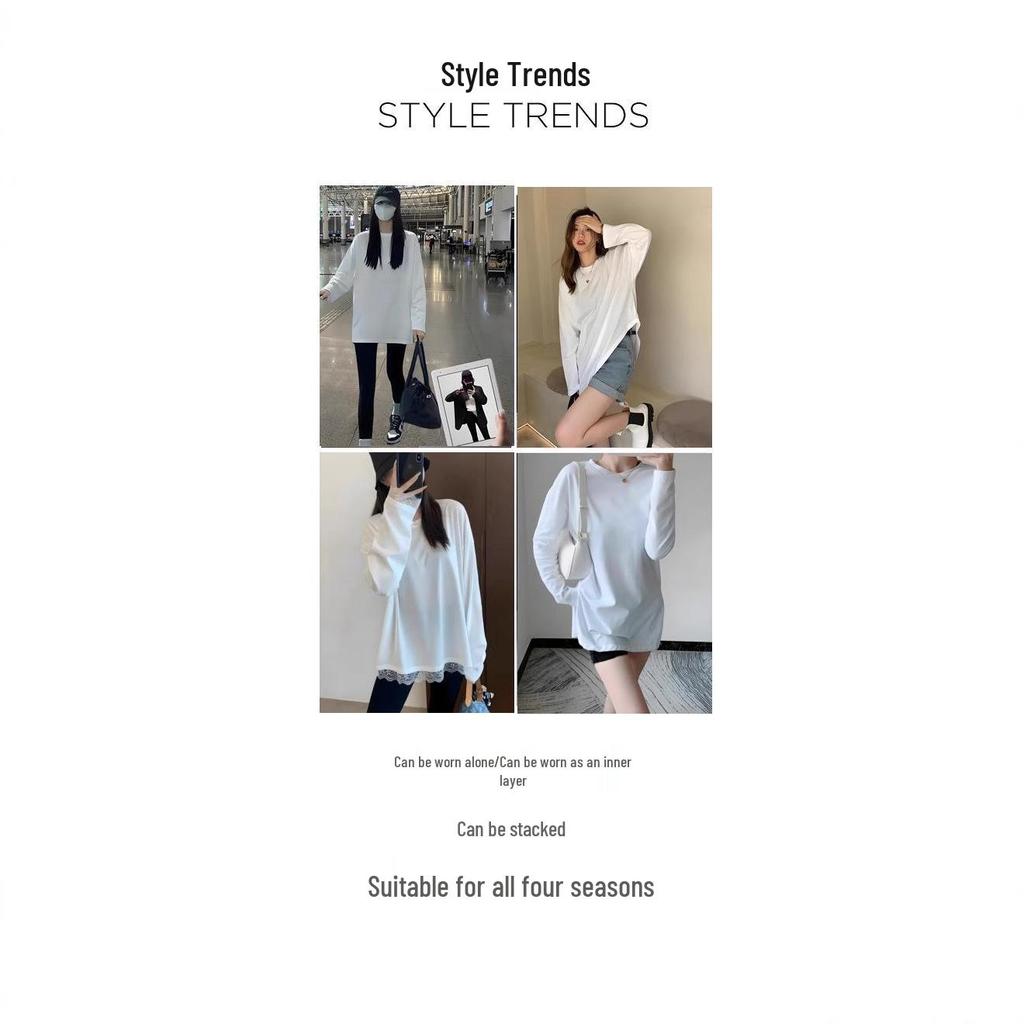 Lace Spliced Plus Size Pure Cotton Long Sleeve T-Shirt - Mid-Length Early Autumn Women's Top