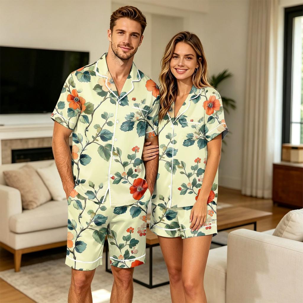 Herenbloemenprint Korte Mouw Pyjamaset met Borstzak voor Casual Slaapkleding en