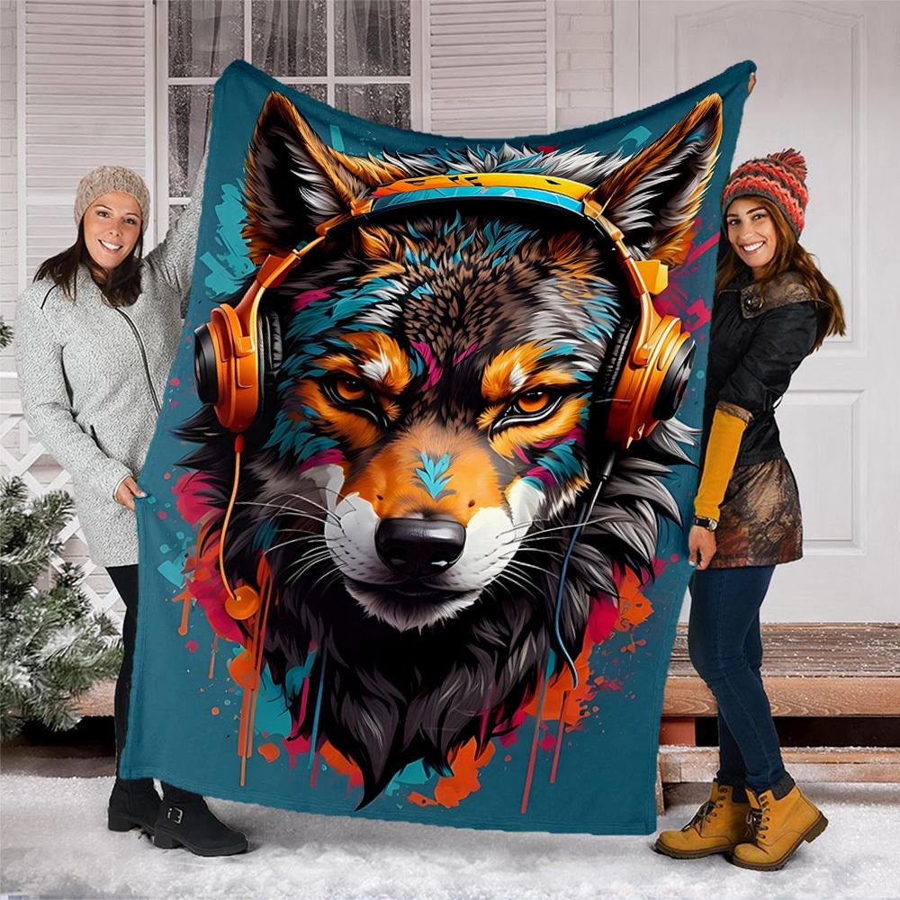 1pc Colorful Wolf Throw Blanket Polyester Fiber, Lightweight Flannel, Soft & Warm, All Season Use for Outdoor, Camping Digital Print
