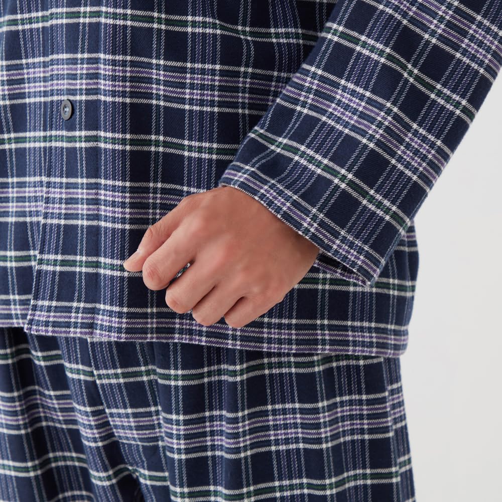 Gunze Nahtlose Seite Langarmhose Gefärbtes Marineblau Herrenpyjama, (Frontöffnung), 100% Baumwolle, Flanell, (SF4093)