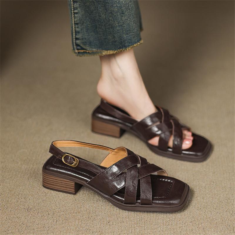 Fashion New Summer Sandals Split Leather Women Shoes Square Toe Sandals for Women Fashion Chunky Heel Sandals High Heels Gladiator Shoes