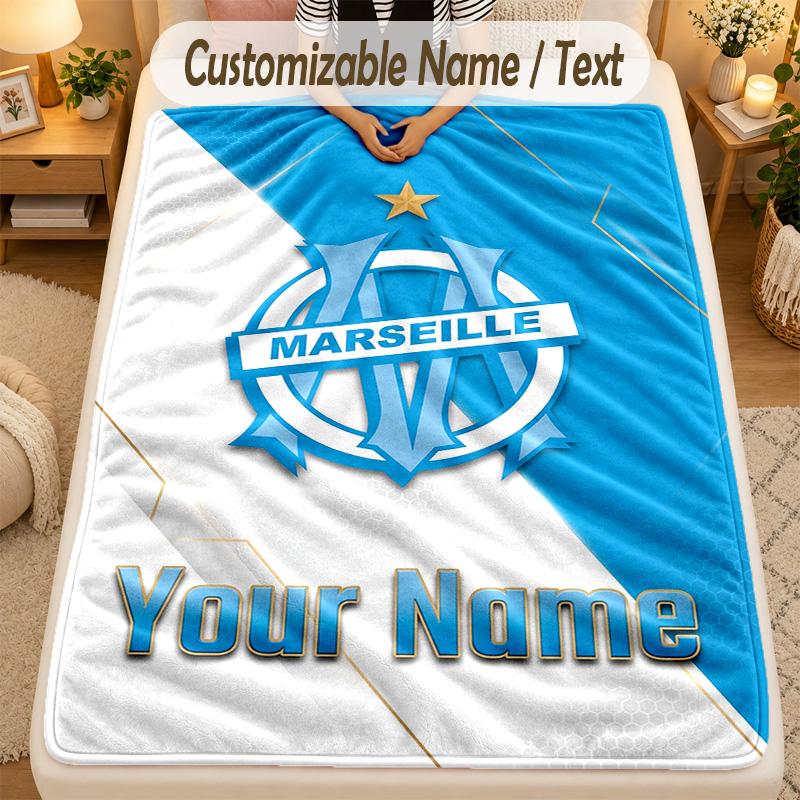 Flannel BlanketOlympique Marseille FC Custom Name Text Personalized Soft Warm Throw Blanket Home Decor Gift