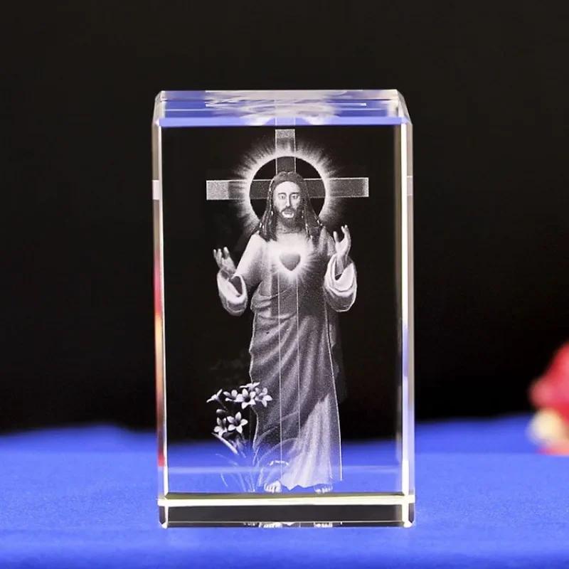 3D  Crystal Cube Christian Jesus Cross Figurine Home Decor Virgin Mary Laser Engrave Crystal Religious Gifts for Women's Birth