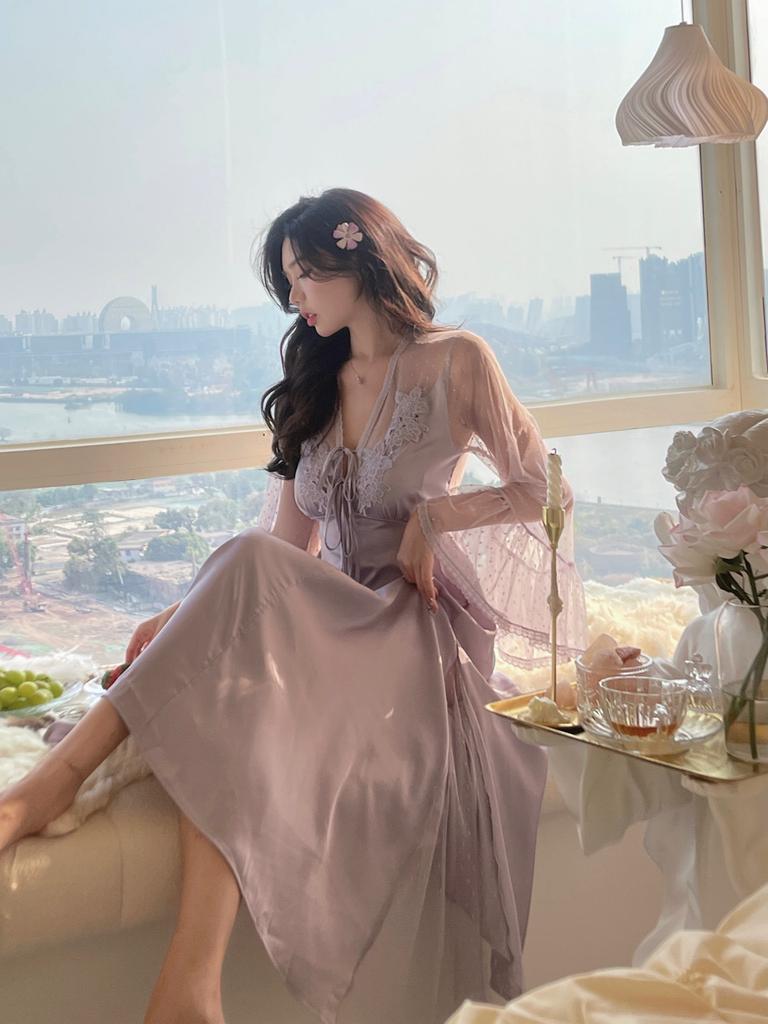Summer new nightgown women's long loungewear court fairy style French lace sexy pajamas women spring and autumn