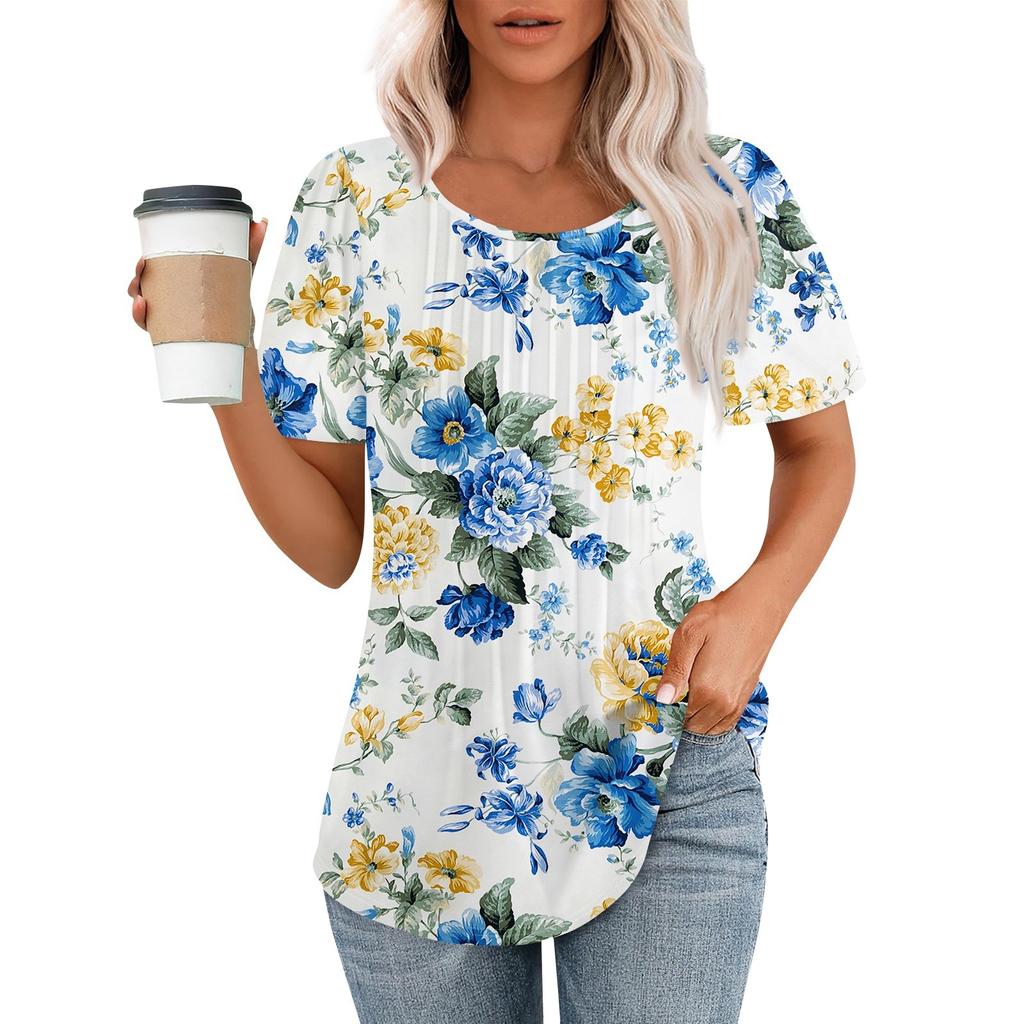 Damen Sommermode Lässig Plissee Rundhals Print Kurzarm T-Shirt Top