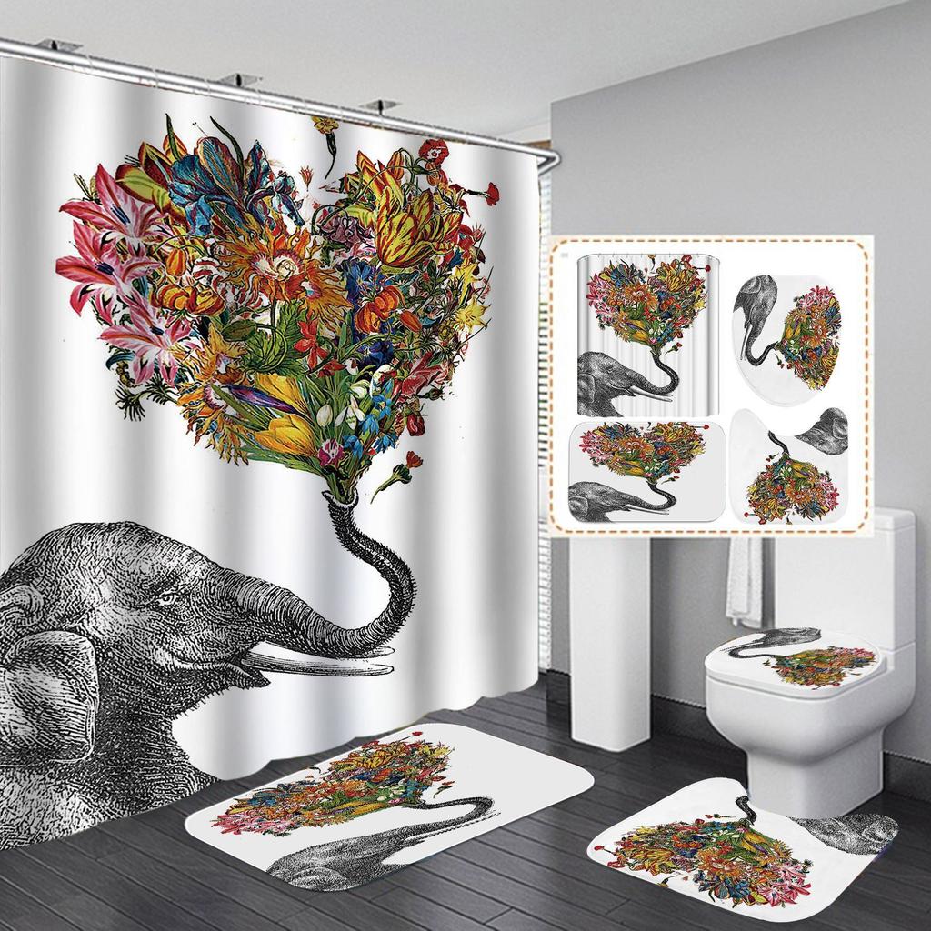 Polyester Elephant 3D Digital Printing Bathroom Personalized Partition Shower Curtain Four-Piece Set