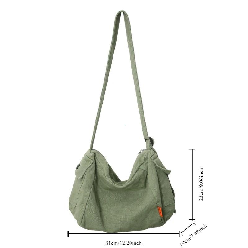 Female Canvas Fabric Hobo Soft Slouchy Shoulder Bag Y2K Student Leisure Medium Size School Book Laptop Pouch Messenger Side Bag