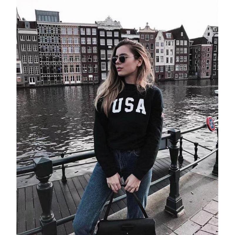 USA Flag Print Plus Size Women's Round Neck Long Sleeve Hoodie - Autumn/Winter Style