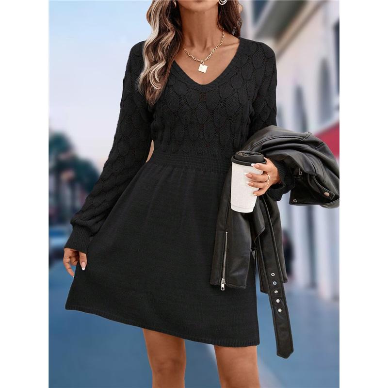 Women V Neck Hollow Out Knit Dress Long Sleeve Elastic Waist Solid Short Mini Dress L чёрный