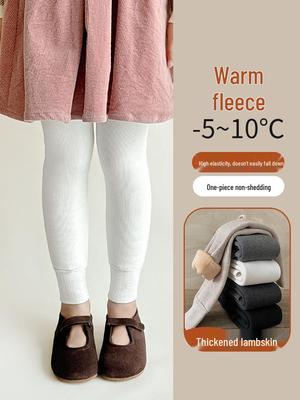 Lambswool Fleece-Lined Thickened Children's Leggings - Solid Color Nine-Point Tights