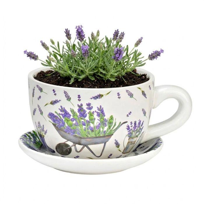 Vase / pot de fleurs (tasse) - EDEN - Tasse décor lavande - Vert - Céramique - 23x25 cm