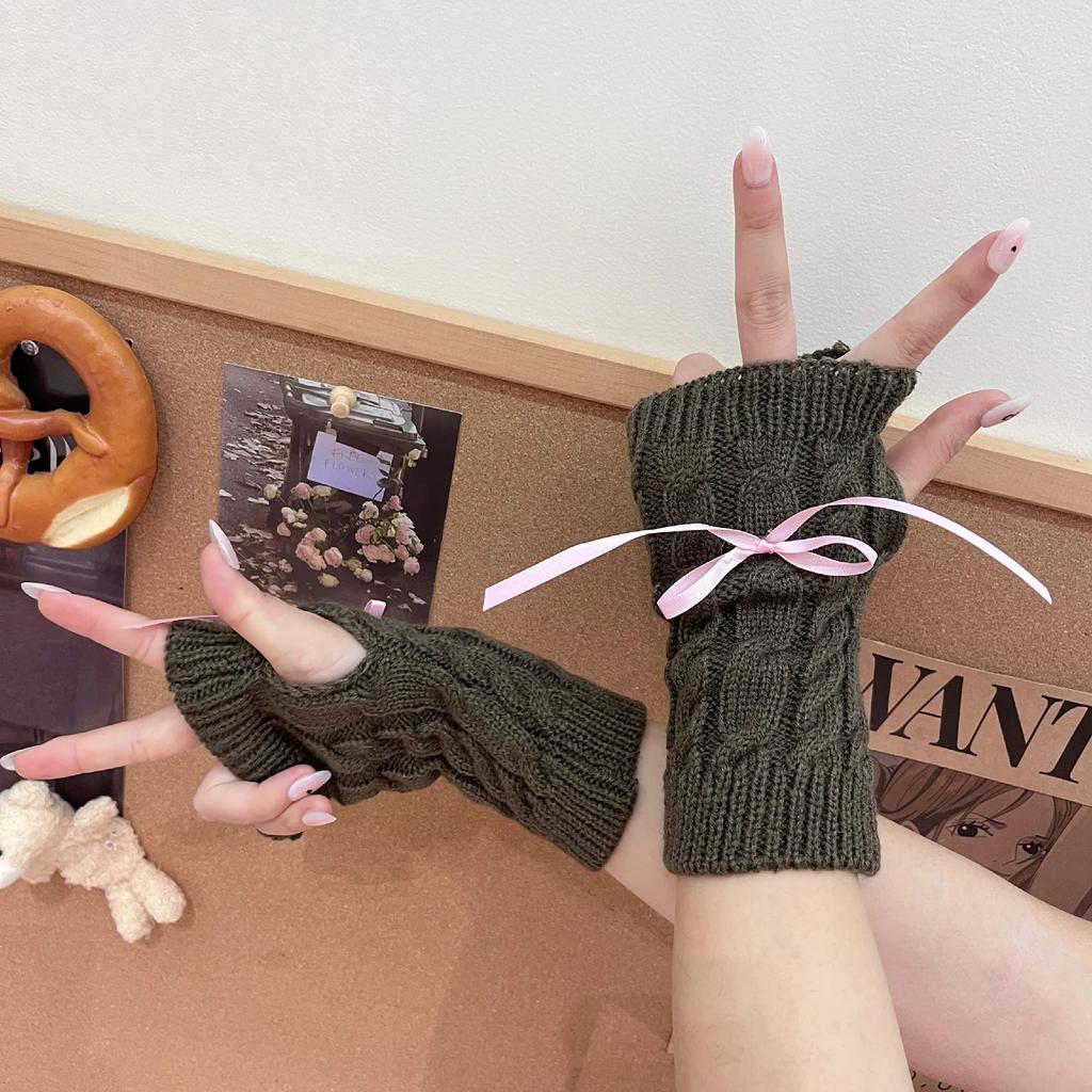 Korean Knitted Gloves Women's Bow Hand Warmer Winter Gloves Fashion Black Pink Knitted Thicken Mitten Fingerless Mittens