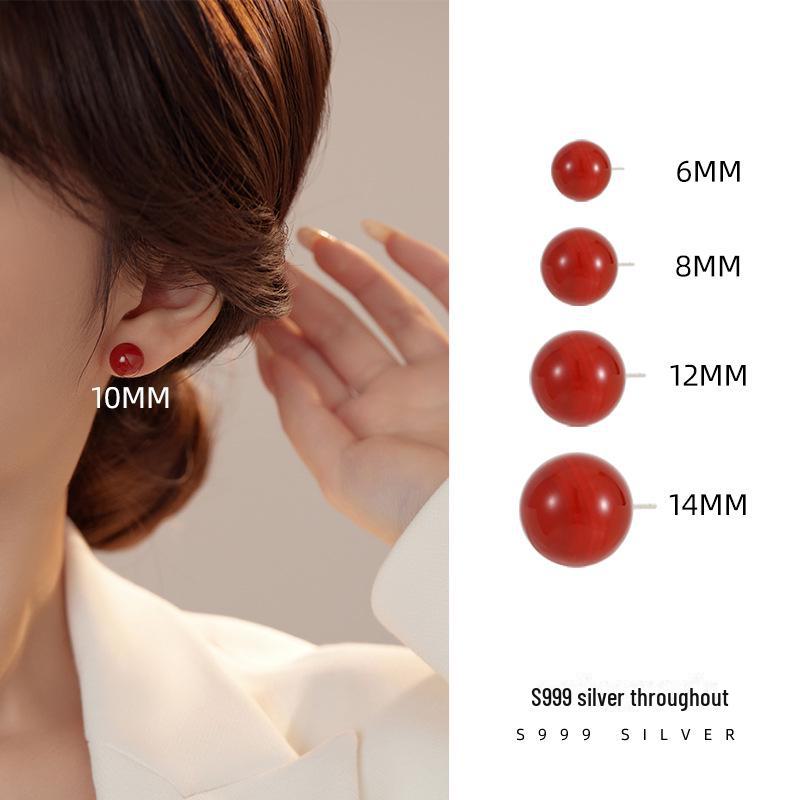 Banyan Tree Silver Red Agate Women's Earrings: Simple, Versatile, Round Beads, Retro High-End Design