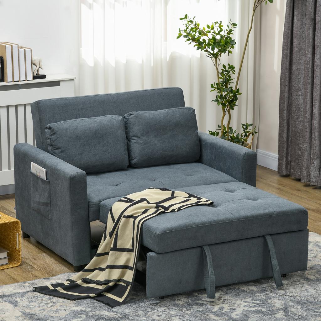 Loveseat Sofa Bed, Convertible Bed Settee with 2 Pillows, Side Pockets, Charcoal Grey