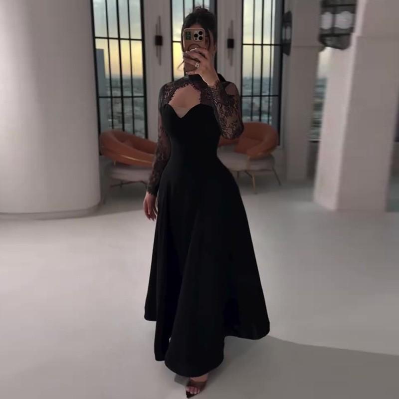 Elegant Black Lace Cut-Out Backless Midi Dress With Waist Cinching Fit Women 2026 XS чёрный