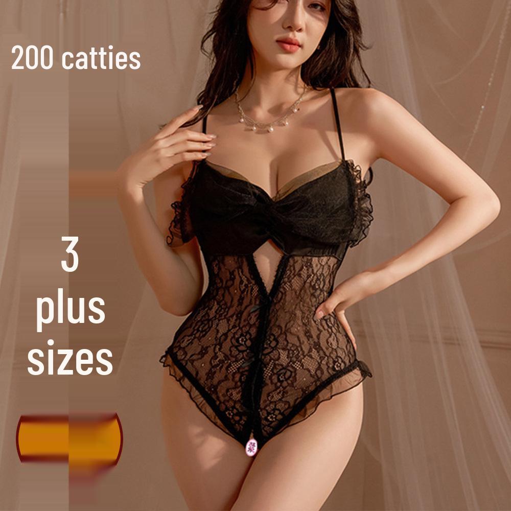 Women's French Mesh & Lace Erotic Lingerie Bodysuit with Bow