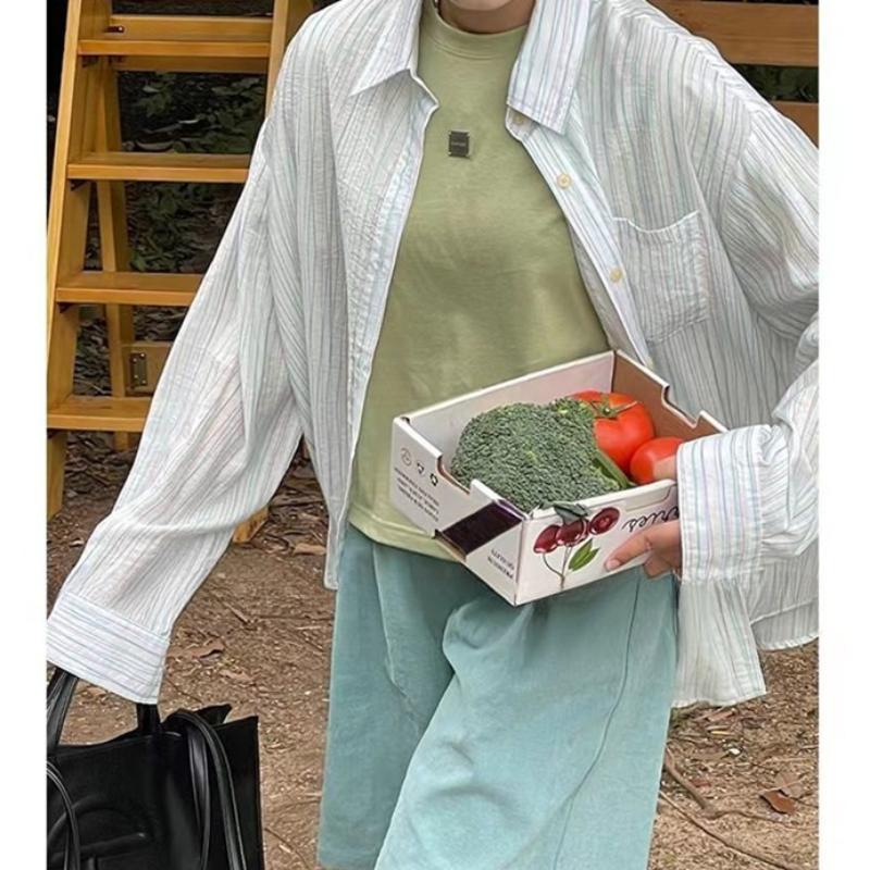 Elegant Long Sleeve Casual Sunscreen Shirts for Women Retro Chic Striped Loose Women's Blouses Tops Fashion Lapel Simple Slim Female Shirt Tops 26118