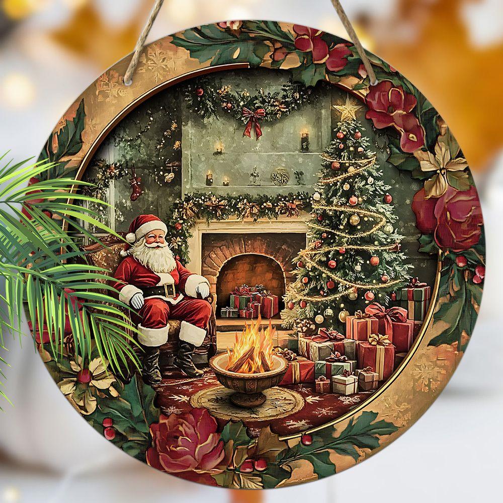Vintage Santa Fireplace Christmas Round Wooden Hanging Sign, 2D Flat Printed Floral Wreath Front Door Decor, Xmas Gift Tree Wall Ornament Gift