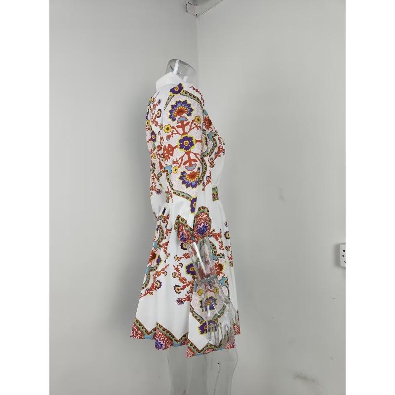 Frühling Damenmode V-Ausschnitt Laterne Ärmel Temperament Druck Taille Schlanke Kleider