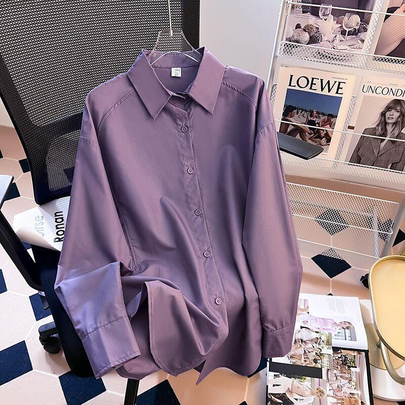 

Женская одежда однотонная элегантная новая фиолетовая рубашка стильный свободный крой уникальный топ с длинным рукавом модная футболка XL фиолетовый