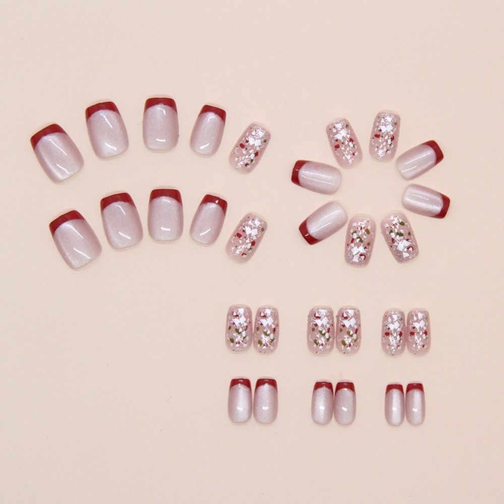 30pcs Short Ballerina False Nails Cat Eye Shining Slices French Fake Nails Polka Dots Checkered Golden Butterfly Press On Nails