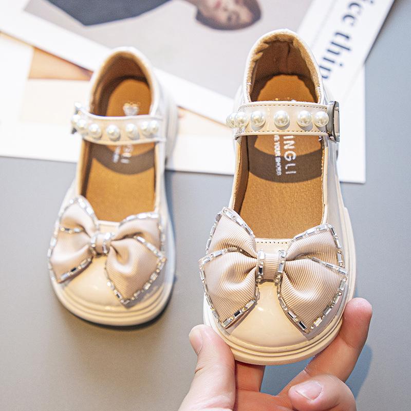 Kids Pearl Bow Decor Black Patent Leather Mary Jane Shoes 23