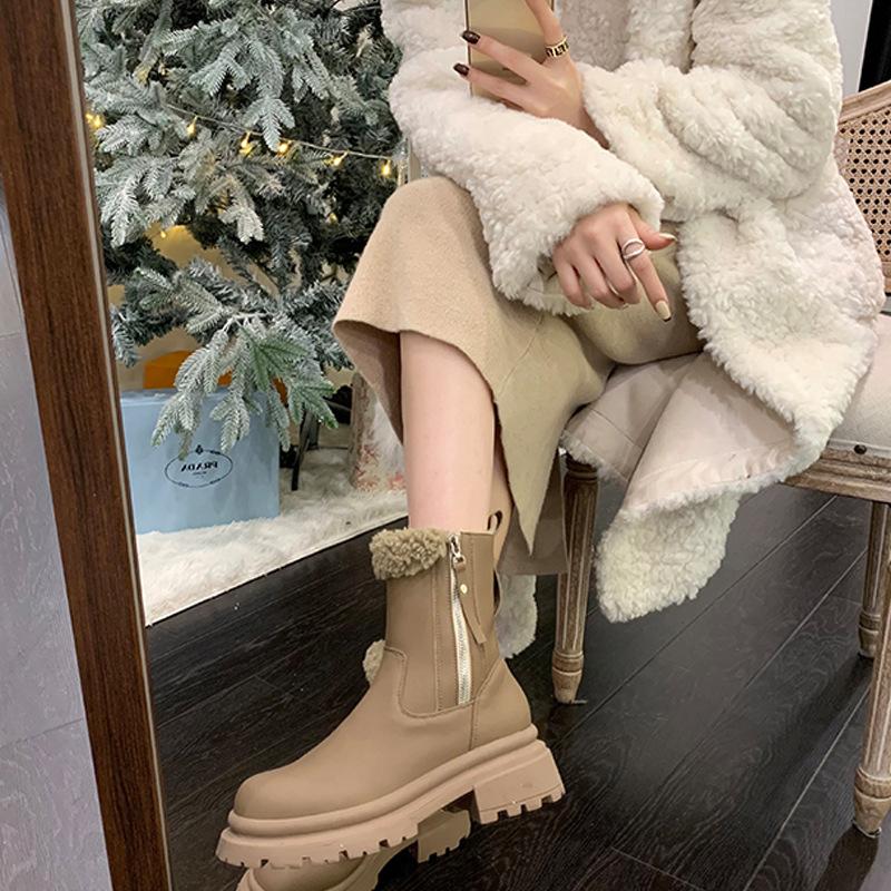 Winter new lamb wool side zipper piled thickened thick heel platform short boots women's fluffy snow boots Martin boots